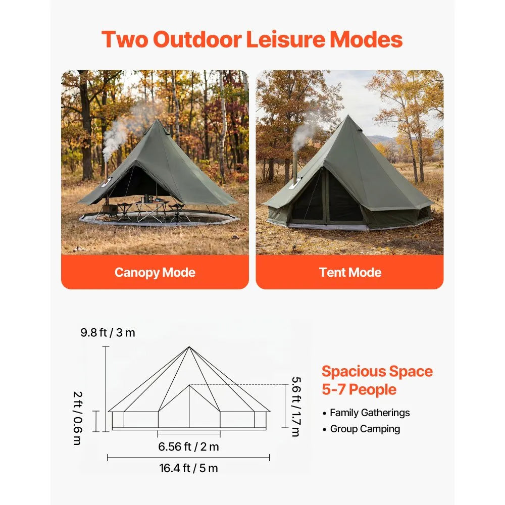 VEVOR Canvas Bell Tent, 4 Seasons 16.4 ft Yurt Tent for Camping with Stove Jack, Canvas Breathable Holds up to 7 People with Zipped Detachable Floor, for Family Camping Glamping Outdoor Hunting Party