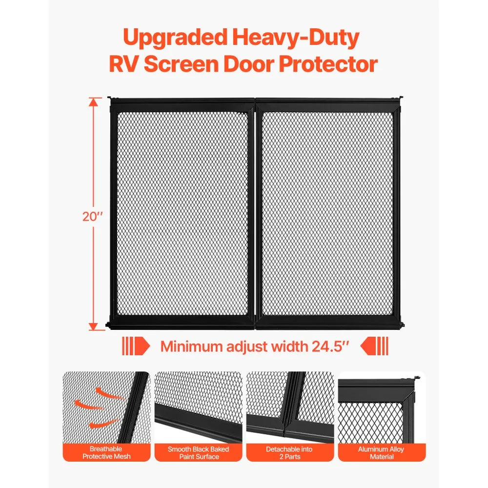 VEVOR RV Screen Door Protector, 24.5 x 20 inch Door Grille, Easy to Install and Disassemble, Reinforced Breathable Protective Mesh, Aluminum Alloy Camper RV Entry Protector for Pet Protection, Black