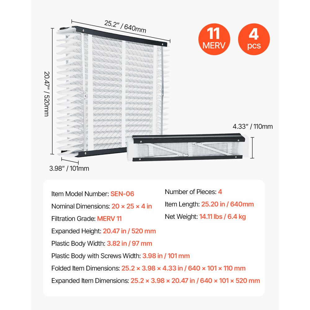 VEVOR 20 x 25 x 4 Furnace Filter, MERV 11 HVAC Ac Filters,12-Month Electrostatic Pleated Air Conditioner Filters, 4-Pack (Actual Size: 20.47 x 25.20 x 3.98 Inch) for Capturing Dust, Smog, Pet Dander