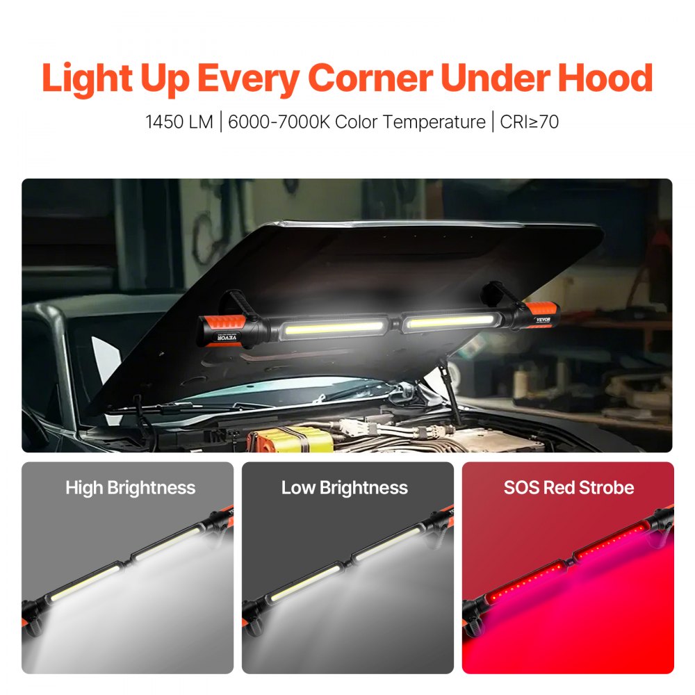 VEVOR Underhood Work Light, 1450LM, 4400mAh Rechargeable Magnetic Bright LED Light, Portable Cordless Mechanic Work Light Bar, for Car Repairing Inspection Garage Workshop Emergency Home Lighting