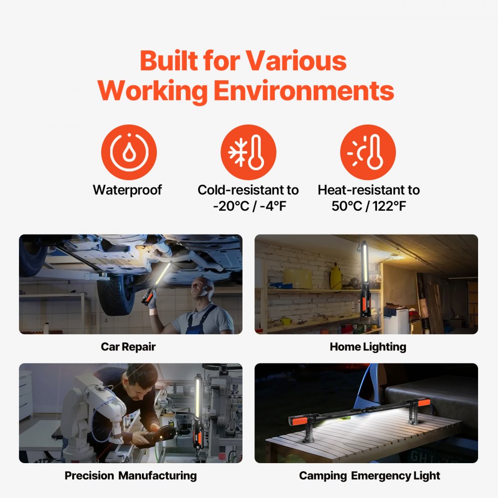 VEVOR Underhood Work Light, 1450LM, 4400mAh Rechargeable Magnetic Bright LED Light, Portable Cordless Mechanic Work Light Bar, for Car Repairing Inspection Garage Workshop Emergency Home Lighting