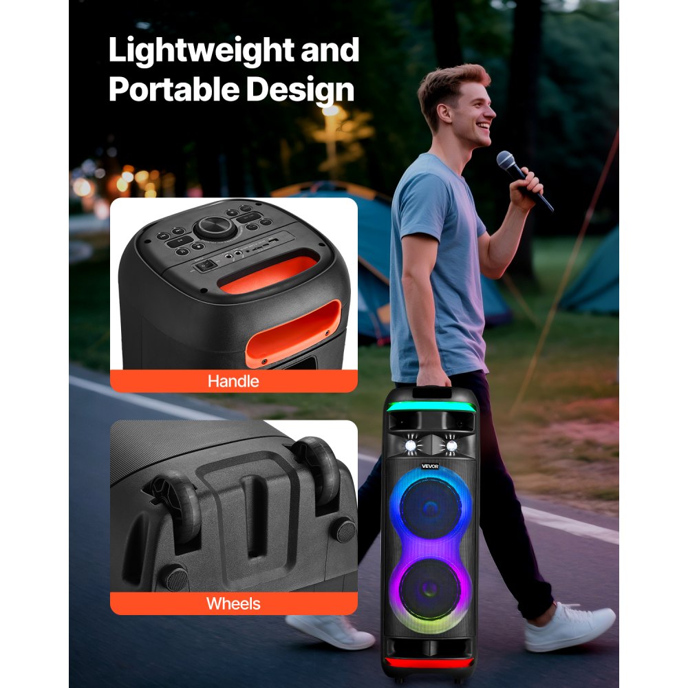 VEVOR Karaoke Machine for Adults, 80W, 8-inch Portable Bluetooth Speaker with 2 Wireless Microphones, LED Light, TWS Function, Rolling Wheels, Supports Micro TF Card, USB, AUX, for Home Karaoke Party
