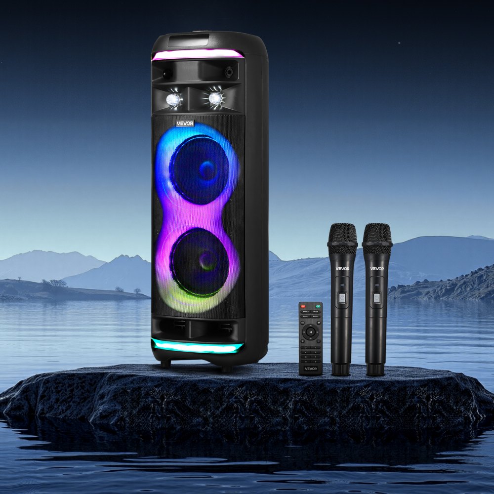 VEVOR Karaoke Machine for Adults, 80W, 8-inch Portable Bluetooth Speaker with 2 Wireless Microphones, LED Light, TWS Function, Rolling Wheels, Supports Micro TF Card, USB, AUX, for Home Karaoke Party
