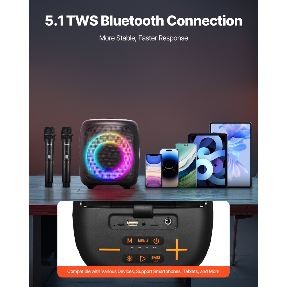 VEVOR Karaoke Machine for Adults, 15W, 4-inch Portable Bluetooth Speaker with 2 Wireless Microphones, LED Light, TWS Function, Handle, Supports Micro TF Card, USB, AUX, for Home Karaoke Party Singing