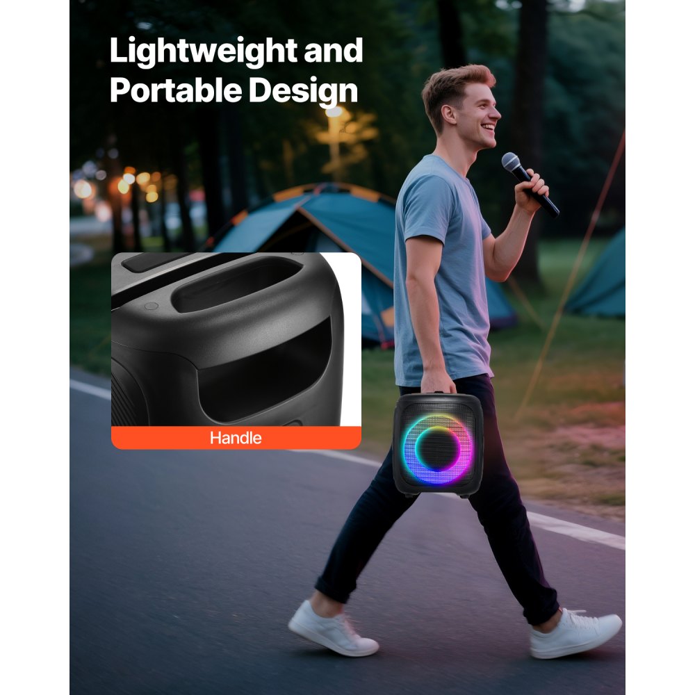 VEVOR Karaoke Machine for Adults, 15W, 4-inch Portable Bluetooth Speaker with 2 Wireless Microphones, LED Light, TWS Function, Handle, Supports Micro TF Card, USB, AUX, for Home Karaoke Party Singing