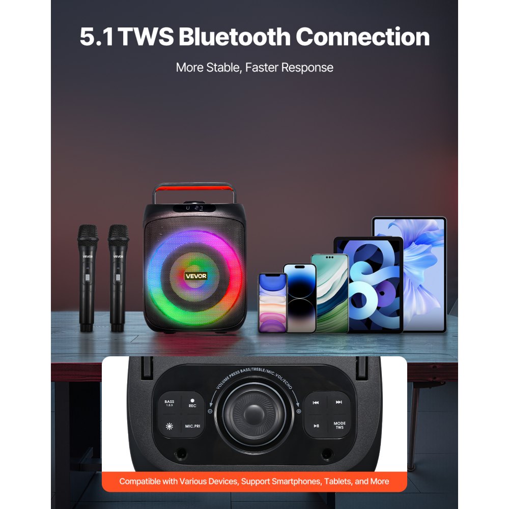 VEVOR Karaoke Machine for Adults, 30W, 6.5-inch Portable Bluetooth Speaker with 2 Wireless Microphones, LED Light, TWS Function, Handle, Support Micro TF Card, USB, AUX, for Home Karaoke Party Singing