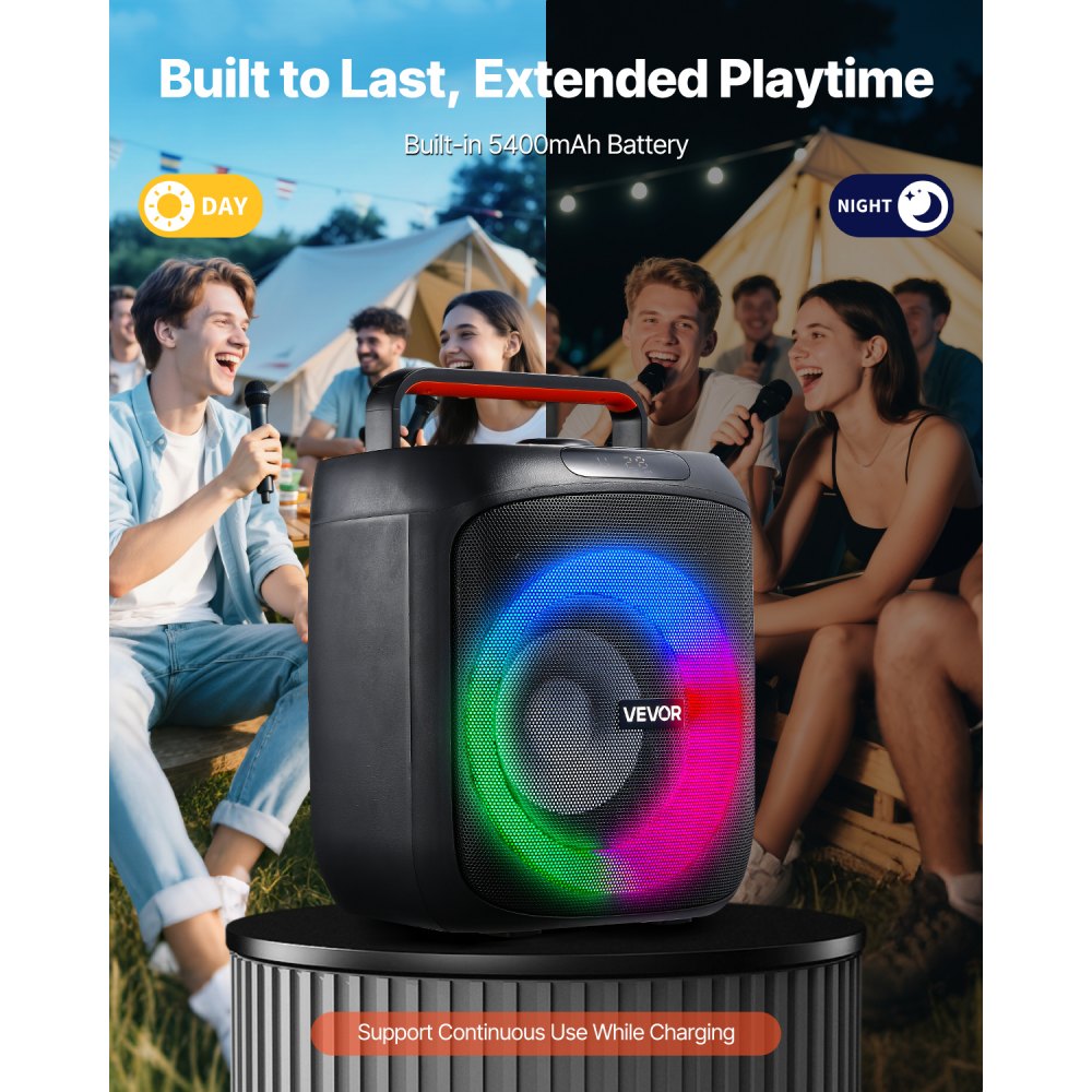 VEVOR Karaoke Machine for Adults, 30W, 6.5-inch Portable Bluetooth Speaker with 2 Wireless Microphones, LED Light, TWS Function, Handle, Support Micro TF Card, USB, AUX, for Home Karaoke Party Singing