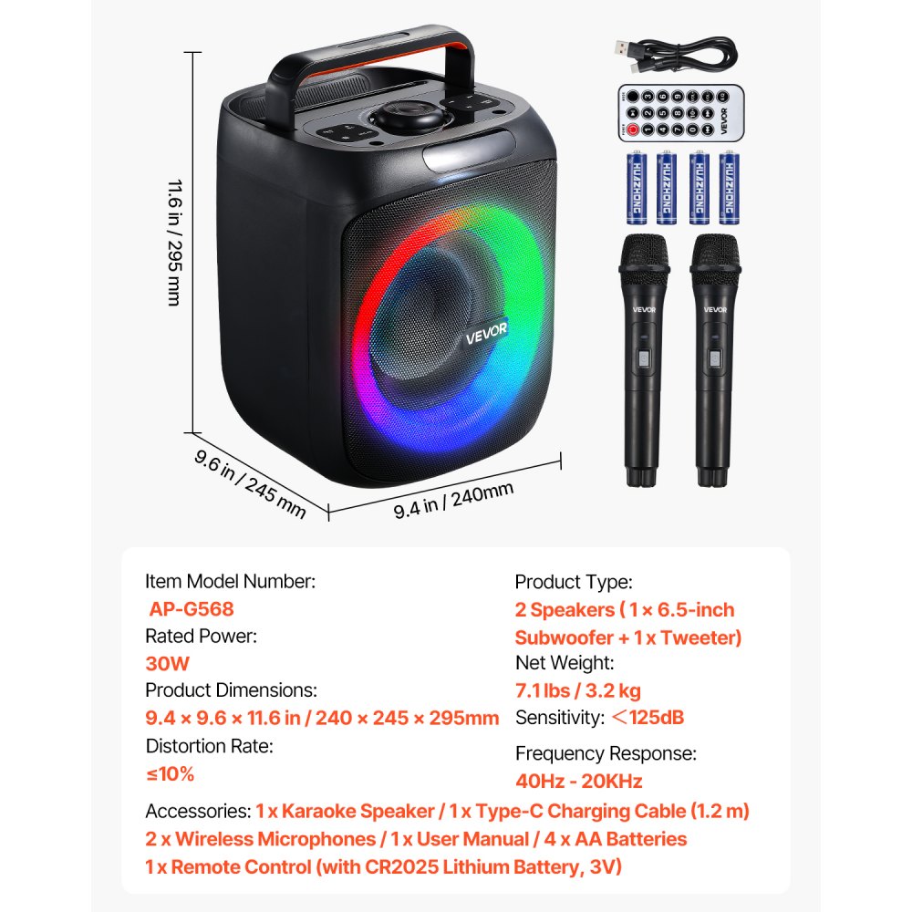 VEVOR Karaoke Machine for Adults, 30W, 6.5-inch Portable Bluetooth Speaker with 2 Wireless Microphones, LED Light, TWS Function, Handle, Support Micro TF Card, USB, AUX, for Home Karaoke Party Singing