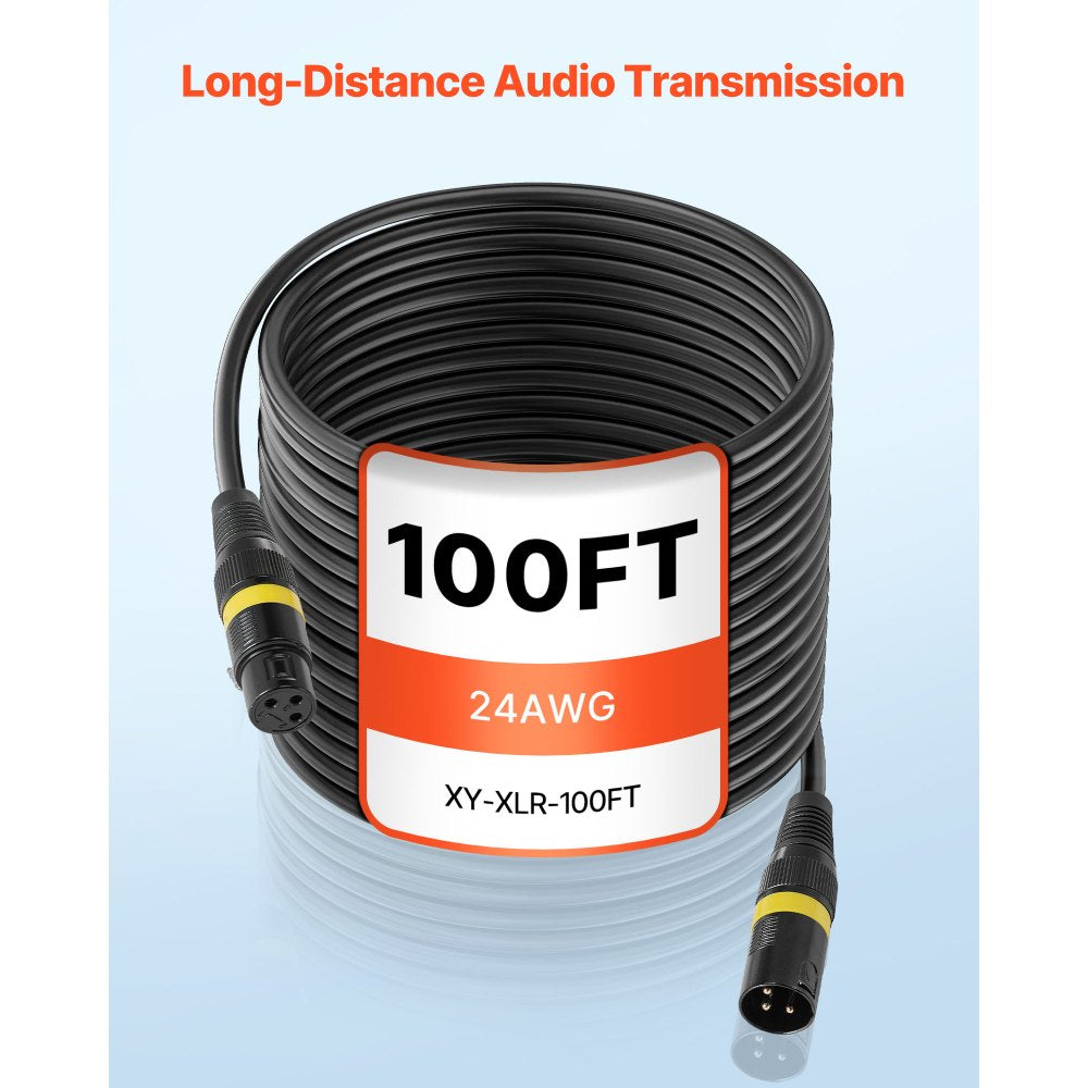 VEVOR XLR Cable 100 ft, 2 Pack, Shielded Balanced DMX Male to Female Microphone Cables, Gold-Plated 3-Pin XLR Mic Speaker Cord Wires, for Stage Lighting, Microphones, Amplifier, Mixer, Speaker Systems