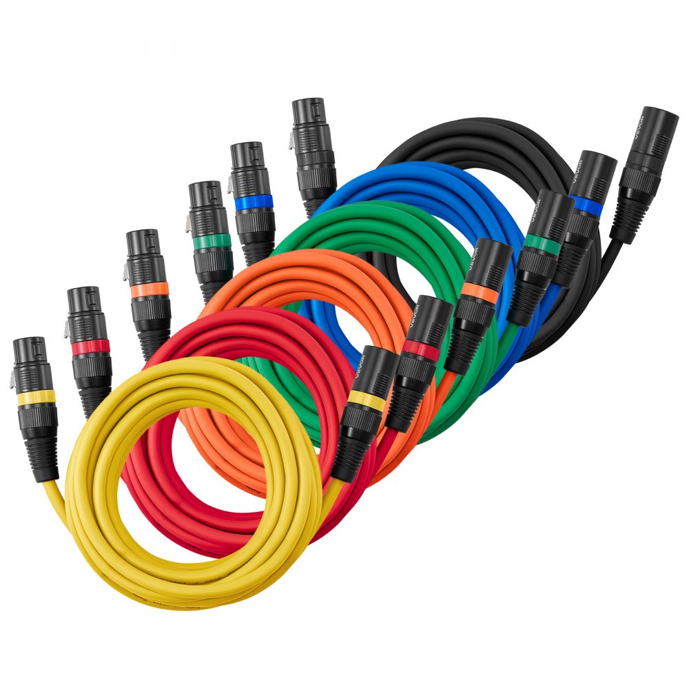VEVOR XLR Cable 15 ft, 6 Pack, Shielded Balanced DMX Male to Female Microphone Cables, Gold-Plated 3-Pin XLR Mic Speaker Cord Wires, for Stage Lighting, Microphones, Amplifier, Mixer, Speaker Systems