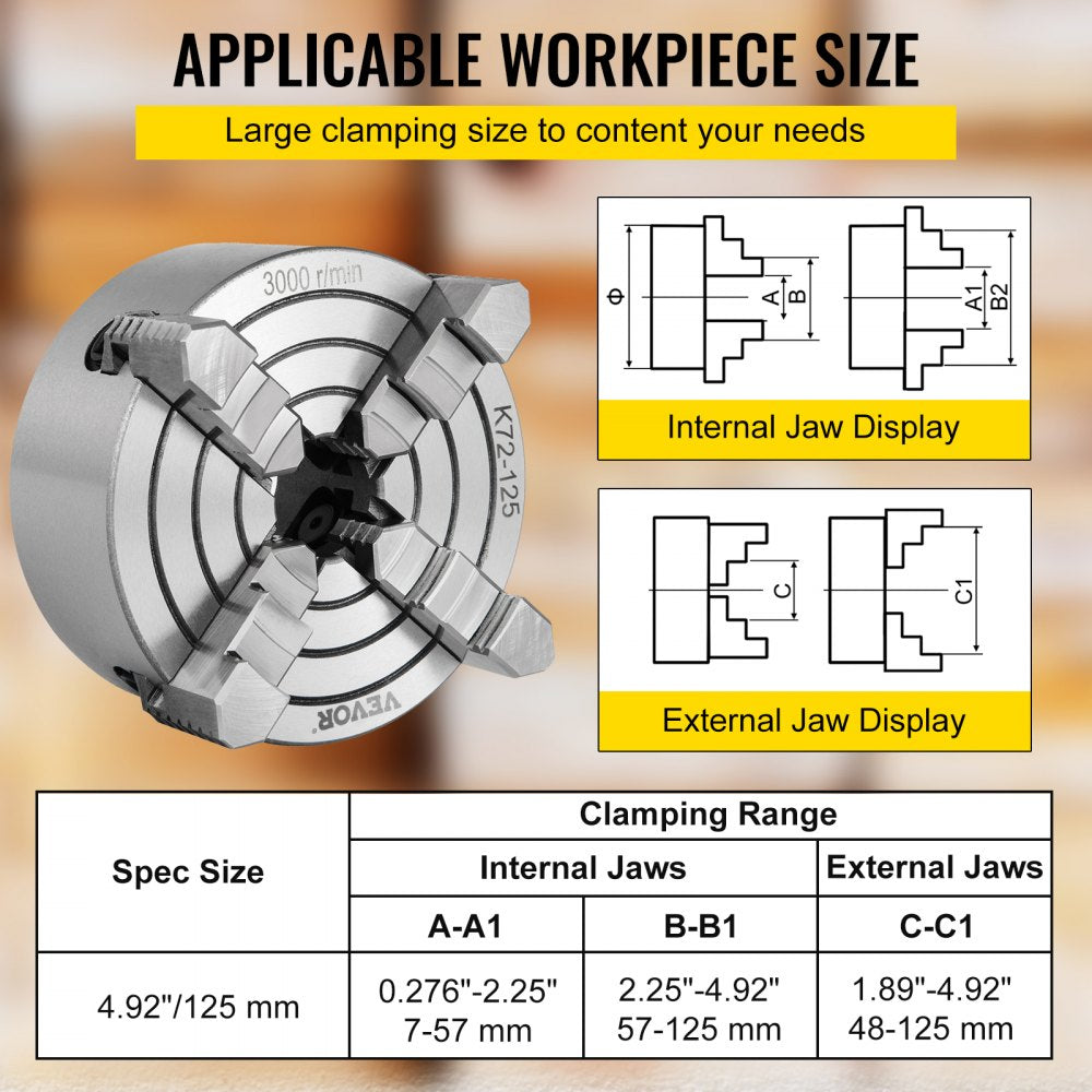 VEVOR K72-125 Lathe Chuck, 5 Inch, 4-Jaw, Independent Metal Lathe Chuck with Reversible Jaw, Cast Iron Body, 0.276 -2.244 in Internal 1.89 -4.92 in External Jaw Clamping Range, for Lathes Machine