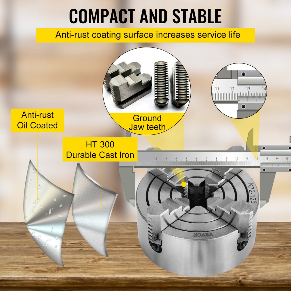 VEVOR K72-125 Lathe Chuck, 5 Inch, 4-Jaw, Independent Metal Lathe Chuck with Reversible Jaw, Cast Iron Body, 0.276 -2.244 in Internal 1.89 -4.92 in External Jaw Clamping Range, for Lathes Machine