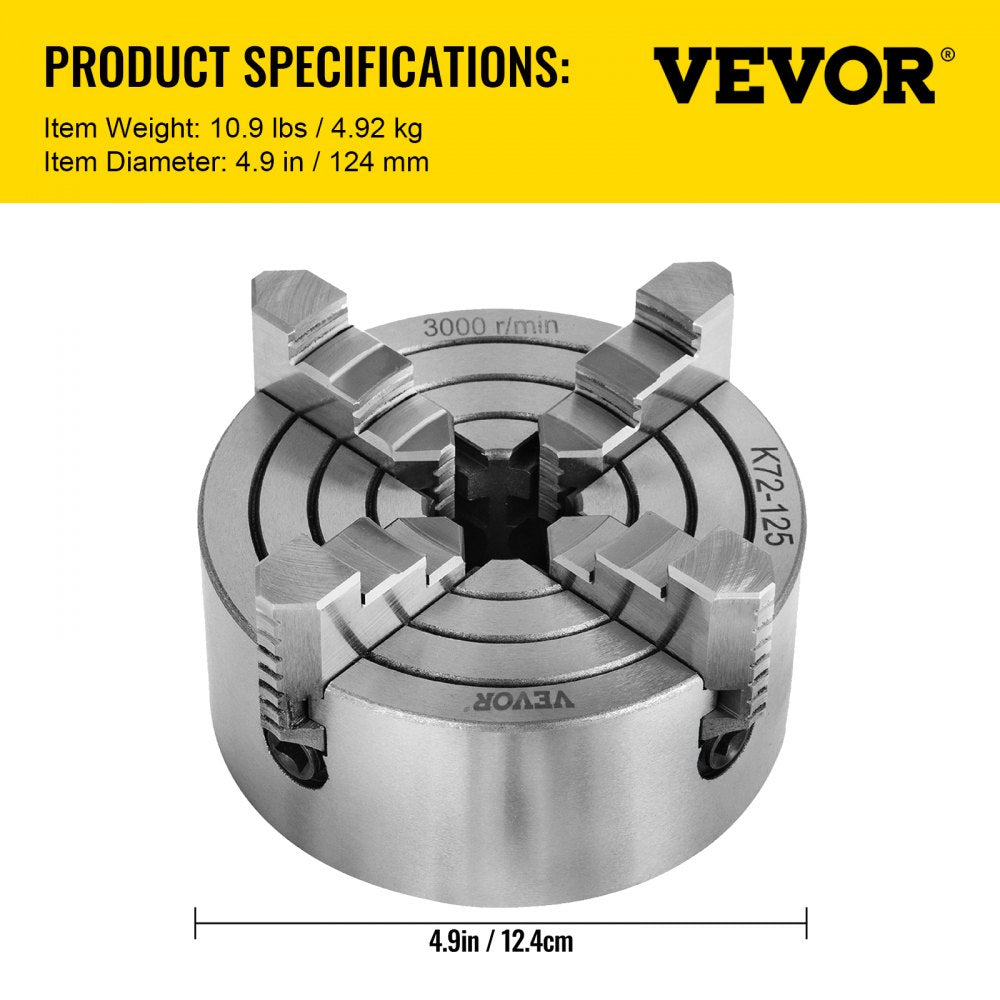 VEVOR K72-125 Lathe Chuck, 5 Inch, 4-Jaw, Independent Metal Lathe Chuck with Reversible Jaw, Cast Iron Body, 0.276 -2.244 in Internal 1.89 -4.92 in External Jaw Clamping Range, for Lathes Machine