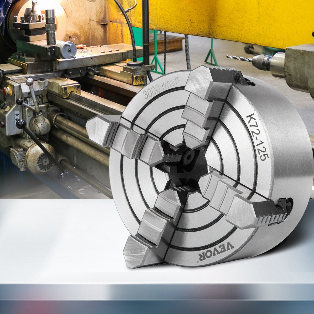 VEVOR K72-125 Lathe Chuck, 5 Inch, 4-Jaw, Independent Metal Lathe Chuck with Reversible Jaw, Cast Iron Body, 0.276 -2.244 in Internal 1.89 -4.92 in External Jaw Clamping Range, for Lathes Machine