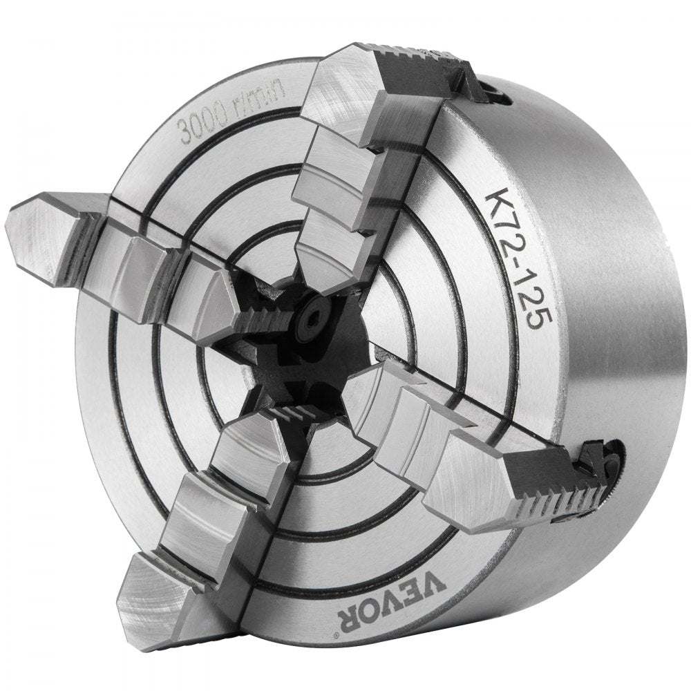 VEVOR K72-125 Lathe Chuck, 5 Inch, 4-Jaw, Independent Metal Lathe Chuck with Reversible Jaw, Cast Iron Body, 0.276 -2.244 in Internal 1.89 -4.92 in External Jaw Clamping Range, for Lathes Machine