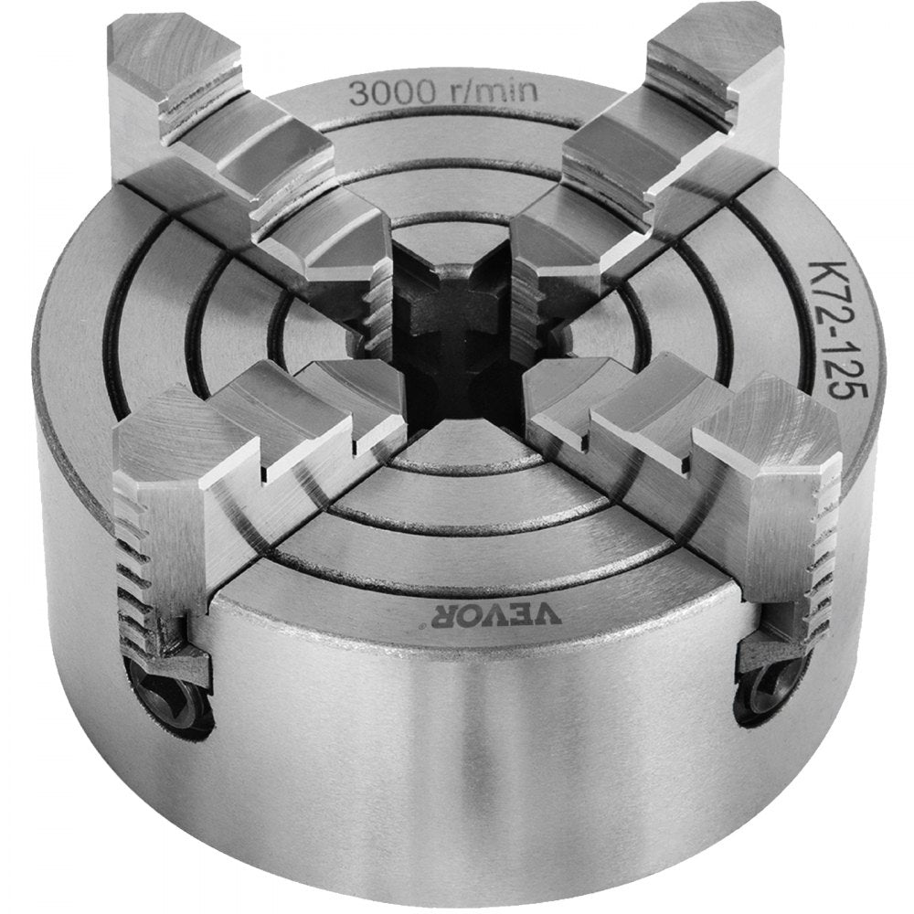 VEVOR K72-125 Lathe Chuck, 5 Inch, 4-Jaw, Independent Metal Lathe Chuck with Reversible Jaw, Cast Iron Body, 0.276 -2.244 in Internal 1.89 -4.92 in External Jaw Clamping Range, for Lathes Machine