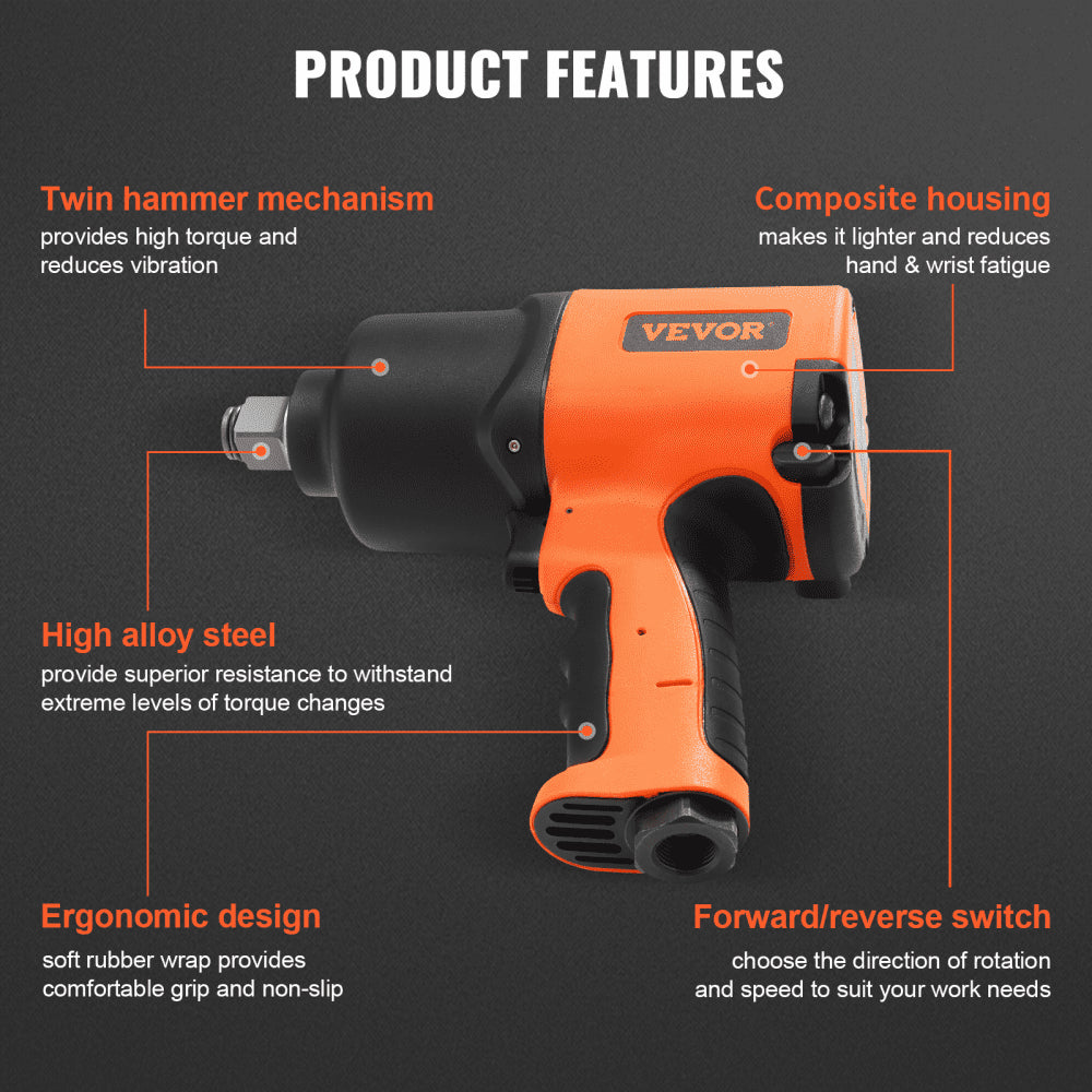 VEVOR Air Impact Wrench, 3/4-Inch Drive Air Impact Gun, Up to 1870ft-lbs Nut-busting Torque, Composite Pneumatic Impact Wrench for Auto Repairs and Maintenance Heavy Duty