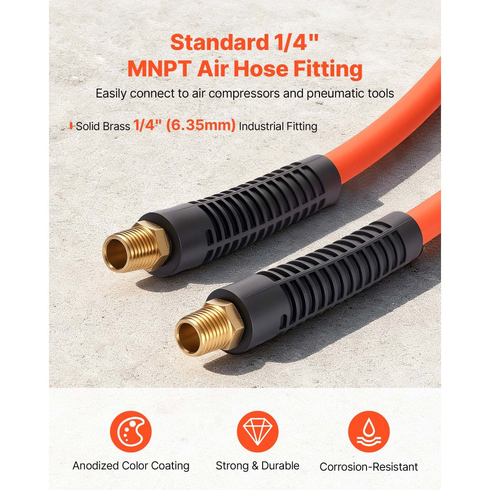VEVOR Air Hose, 1/4" x 25FT Hybrid Air Compressor Hose, 300 PSI Kink-Resistant Pneumatic Hoses with 1/4-inch Solid MNPT Bras Fittings, Three-Layer Construction, All-Weather Flexibility