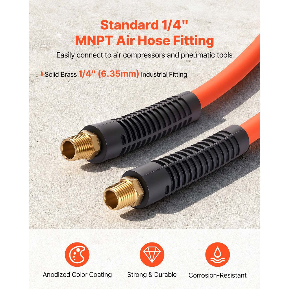 VEVOR Air Hose, 3/8'' x 50FT Rubber Air Compressor Hose, 300 PSI Kink-Resistant Pneumatic Hoses with 1/4-inch Solid MNPT Bras Fittings, Three-Layer Construction, All-Weather Flexibility