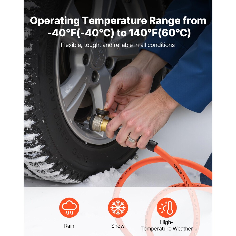 VEVOR Air Hose, 3/8'' x 50FT Rubber Air Compressor Hose, 300 PSI Kink-Resistant Pneumatic Hoses with 1/4-inch Solid MNPT Bras Fittings, Three-Layer Construction, All-Weather Flexibility