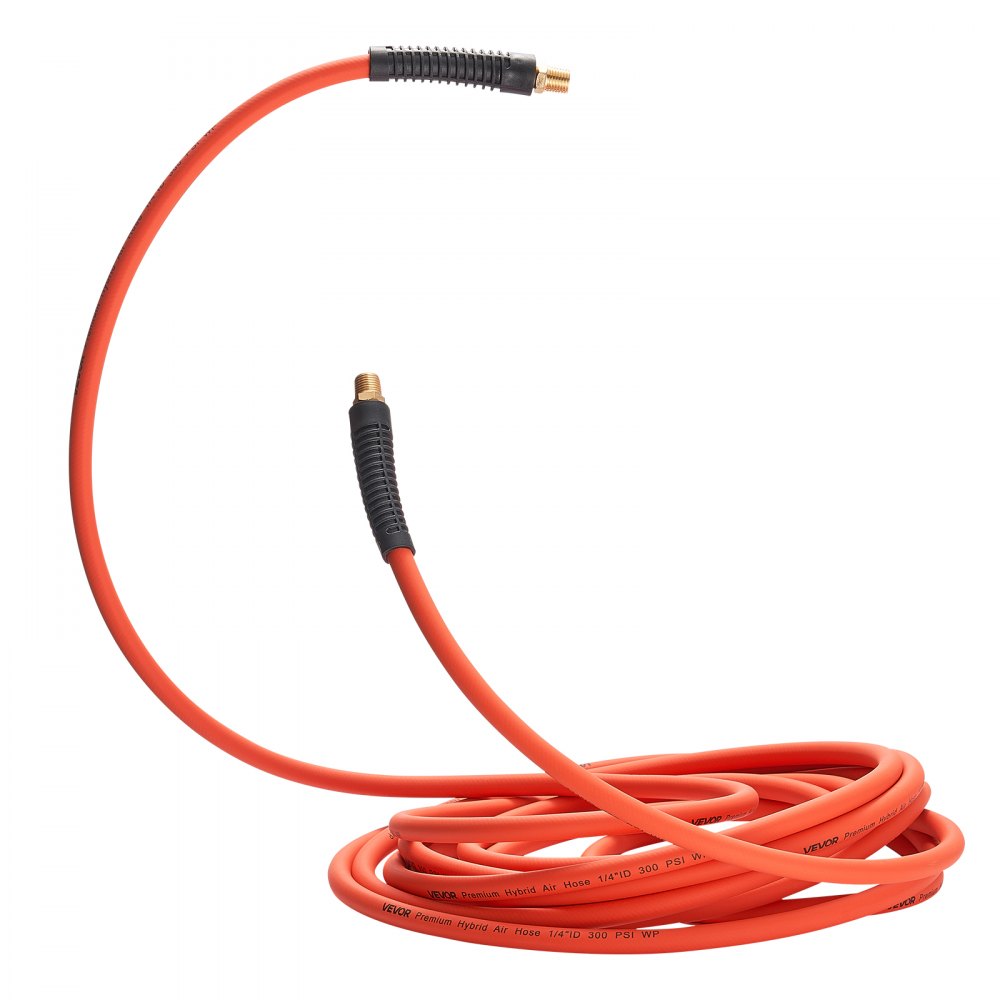 VEVOR Air Hose, 3/8'' x 50FT Rubber Air Compressor Hose, 300 PSI Kink-Resistant Pneumatic Hoses with 1/4-inch Solid MNPT Bras Fittings, Three-Layer Construction, All-Weather Flexibility