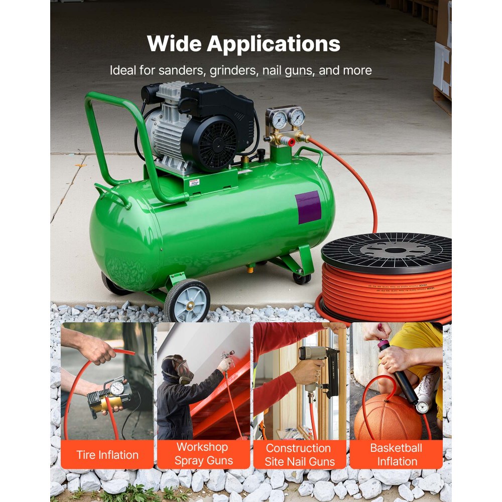 VEVOR Air Hose, 3/8'' x 250FT Hybrid Air Compressor Hose, 300 PSI Kink-Resistant Pneumatic Hoses with Three-Layer Construction for Auto & Home DIY Projetcs, All-Weather Flexibility (No Fittings)