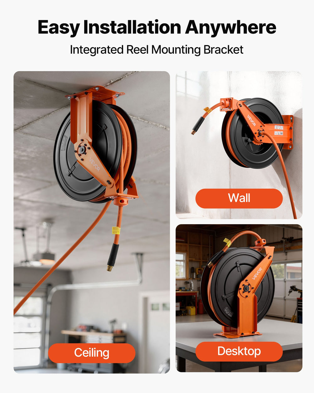 VEVOR Retractable Air Hose Reel, 1/2 Inch x 50 FT Rubber Air Hose Max 300PSI, Auto Rewind Air-Compressor Hoses Reel with 5 ft Lead in, Ceiling/Wall Mount Heavy Duty Steel Double Arm