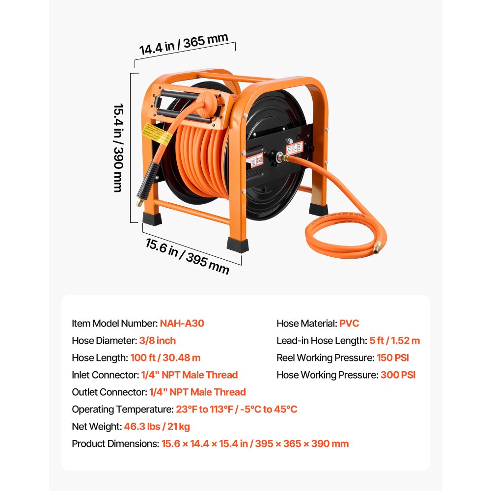 VEVOR Retractable Air Hose Reel, 3/8 Inch x 100 FT PVC Air Hose Max 300PSI, Auto Rewind Air-Compressor Hoses Reel with 5 ft Lead in, Portable Freestanding Heavy Duty Steel Reel for Garages Workshops