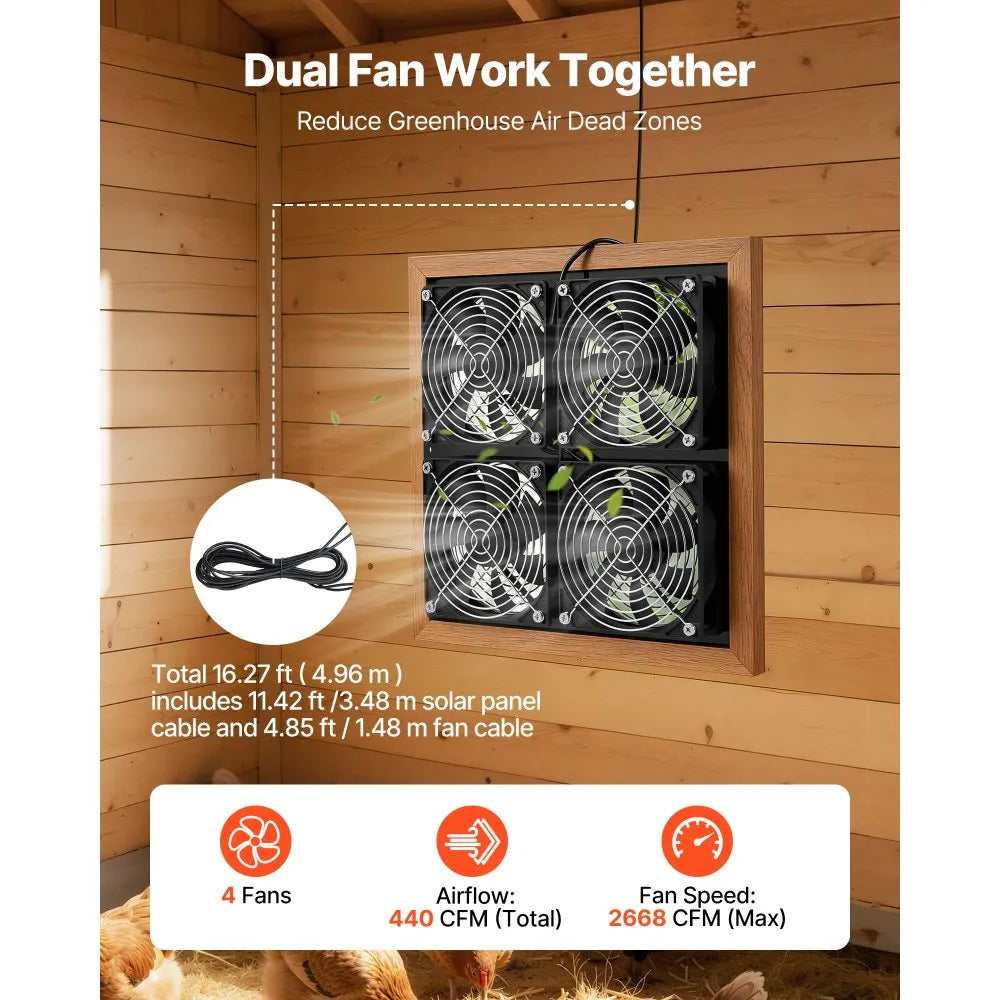 VEVOR Solar Powered Fan, 25W Solar Panel with 4 Fans, Adjustable Solar Panel Angle, 2668 RPM High-Speed, Flexible Installation, Fast Air Exchange for Greenhouse, Grow Tents, Chicken Coops, Shelters