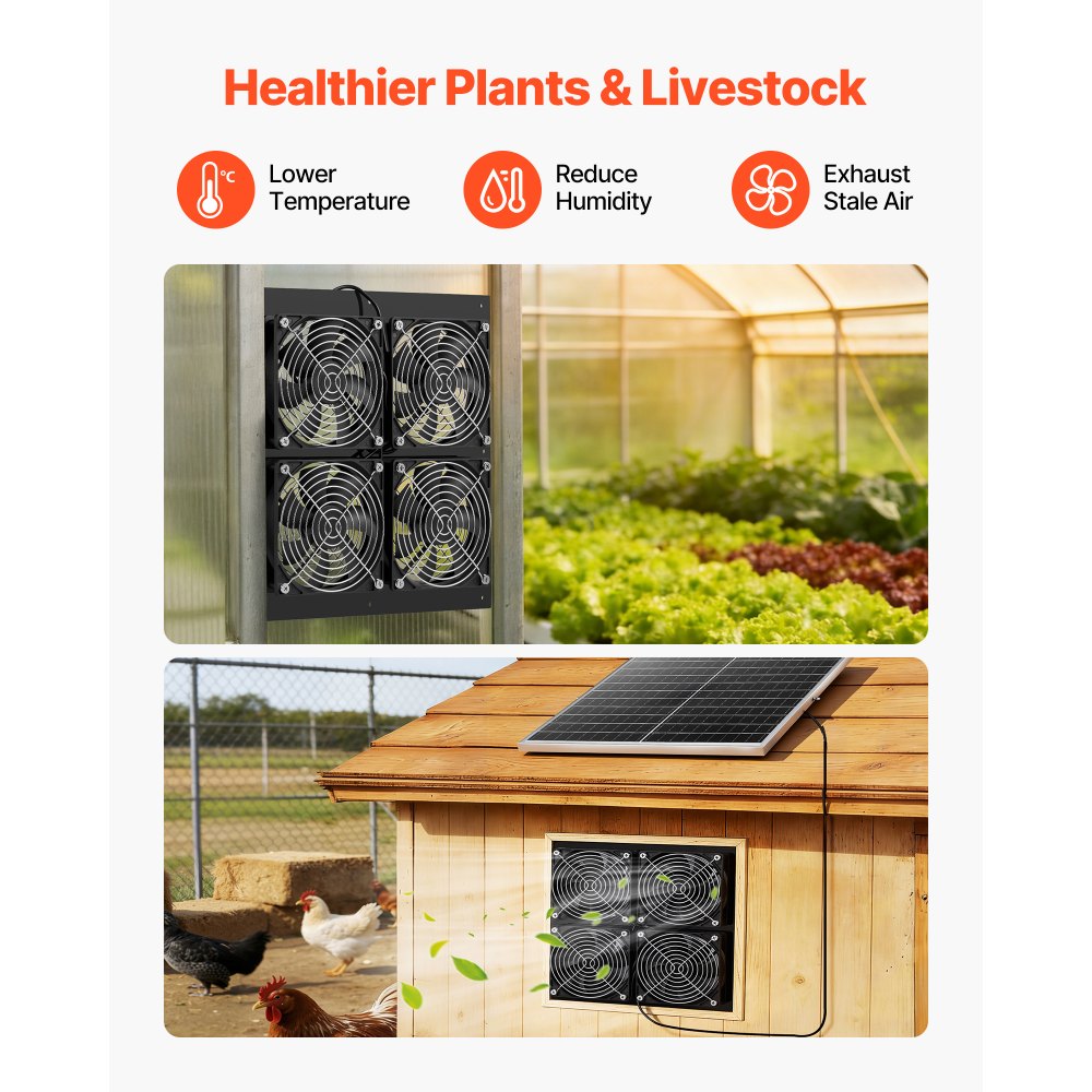 VEVOR Solar Powered Fan, 25W Solar Panel with 4 Fans, Adjustable Solar Panel Angle, 2668 RPM High-Speed, Flexible Installation, Fast Air Exchange for Greenhouse, Grow Tents, Chicken Coops, Shelters