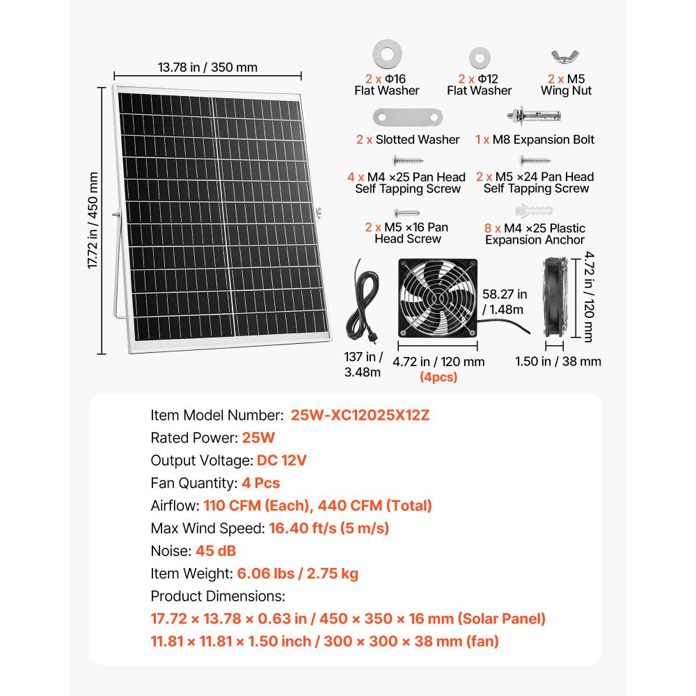 VEVOR Solar Powered Fan, 25W Solar Panel with 4 Fans, Adjustable Solar Panel Angle, 2668 RPM High-Speed, Flexible Installation, Fast Air Exchange for Greenhouse, Grow Tents, Chicken Coops, Shelters