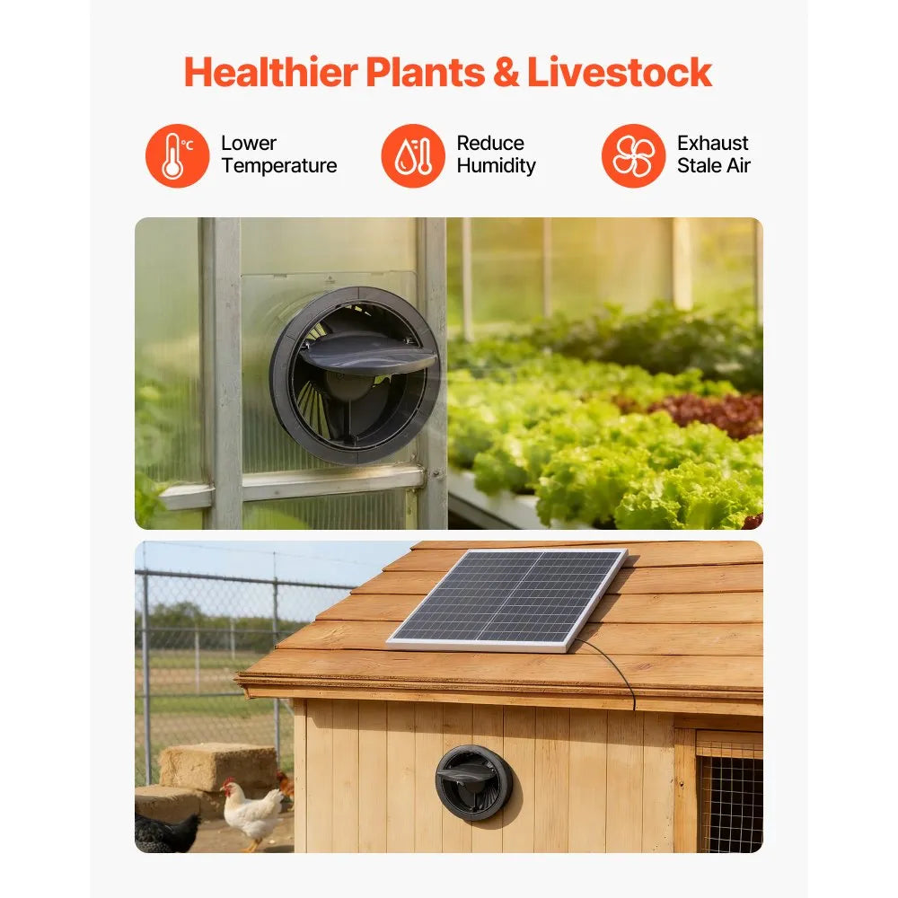 VEVOR Solar Powered Fan, 25W Solar Panel with 220 CFM Airflow, Adjustable Panel Angle, 2030 RPM High-Speed, Flexible Install, Fast Air Exchange for Greenhouse, Grow Tents, Chicken Coops, Shelters