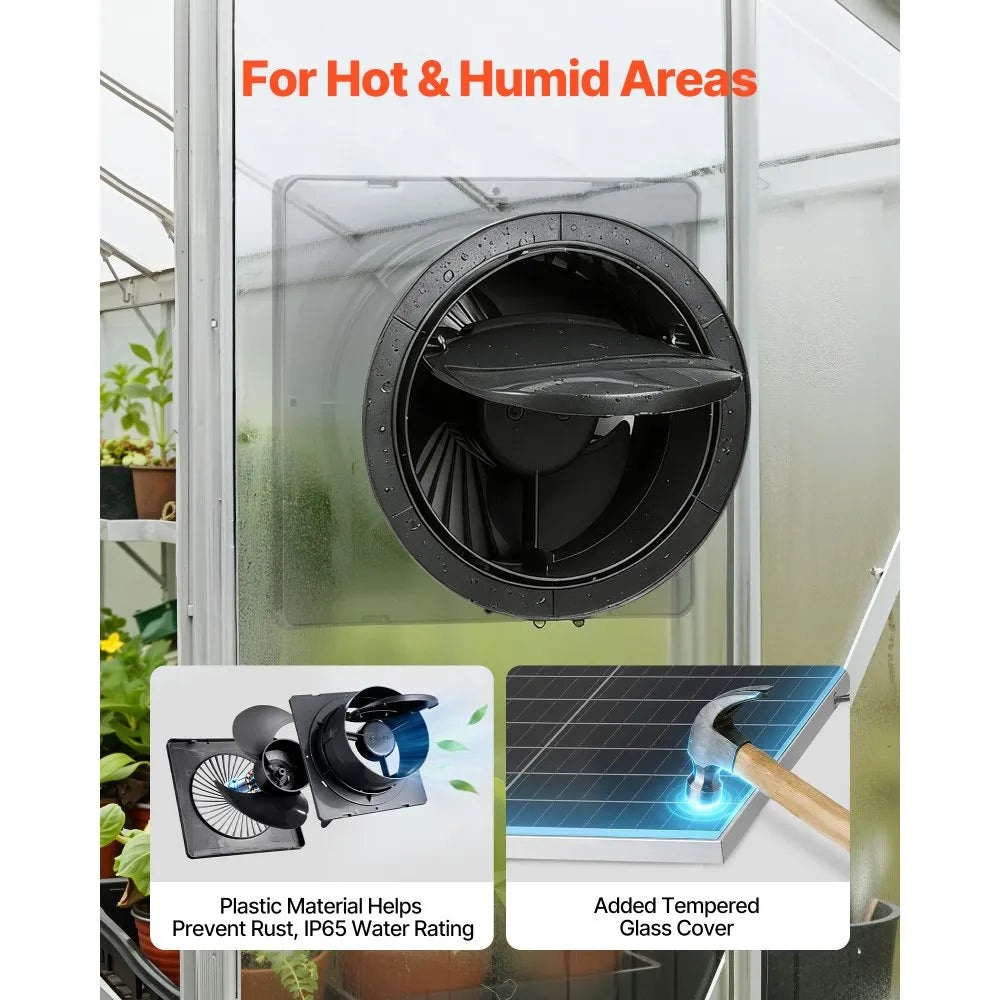 VEVOR Solar Powered Fan, 25W Solar Panel with 220 CFM Airflow, Adjustable Panel Angle, 2030 RPM High-Speed, Flexible Install, Fast Air Exchange for Greenhouse, Grow Tents, Chicken Coops, Shelters