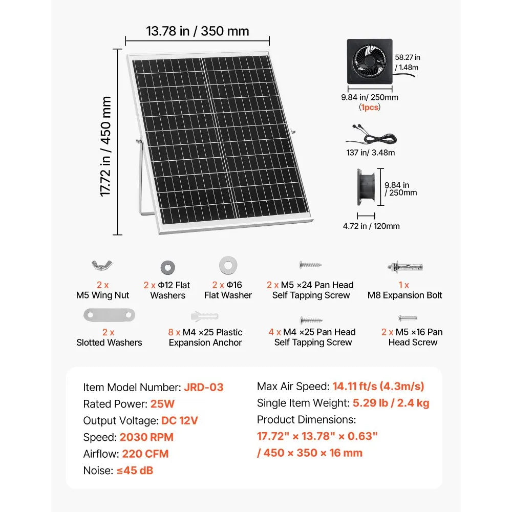 VEVOR Solar Powered Fan, 25W Solar Panel with 220 CFM Airflow, Adjustable Panel Angle, 2030 RPM High-Speed, Flexible Install, Fast Air Exchange for Greenhouse, Grow Tents, Chicken Coops, Shelters