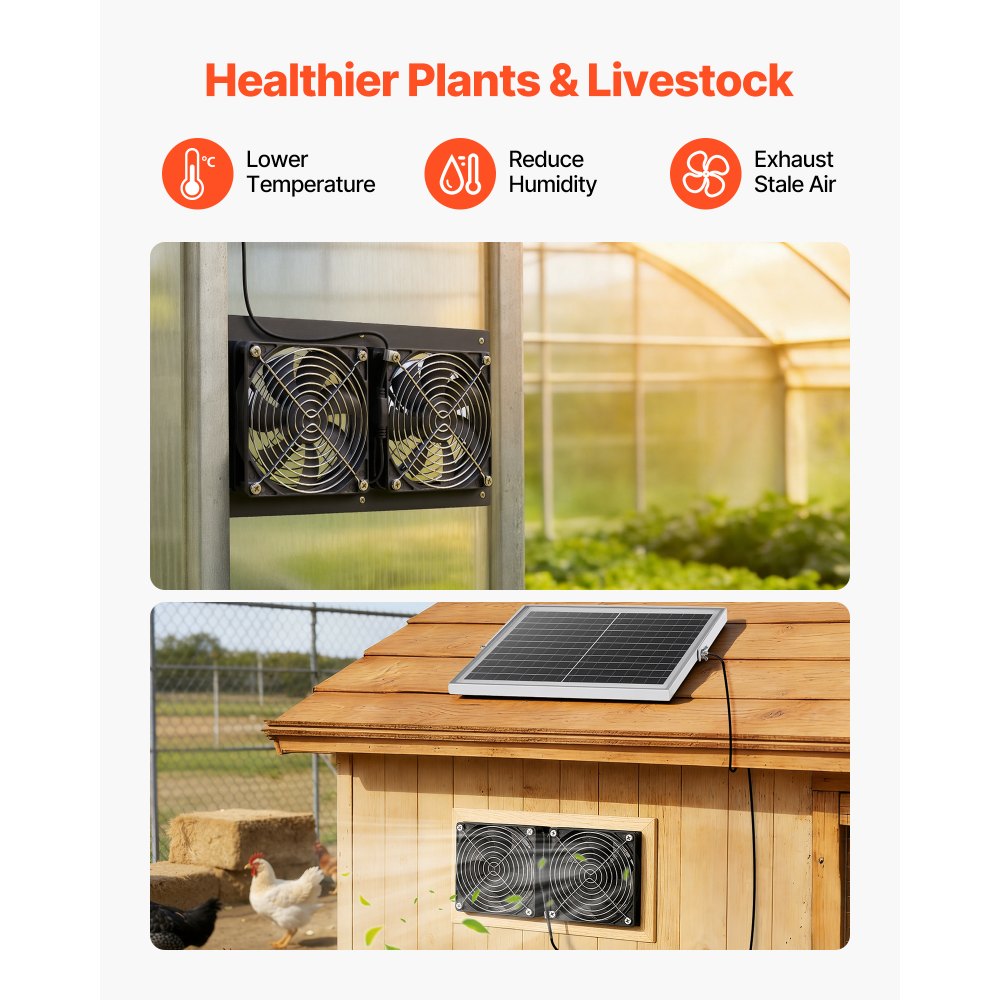 VEVOR Solar Powered Fan, 15W Solar Panel with 2 Fans, Adjustable Solar Panel Angle, 2668 RPM High-Speed, Flexible Installation, Fast Air Exchange for Greenhouse, Grow Tents, Chicken Coops, Shelters