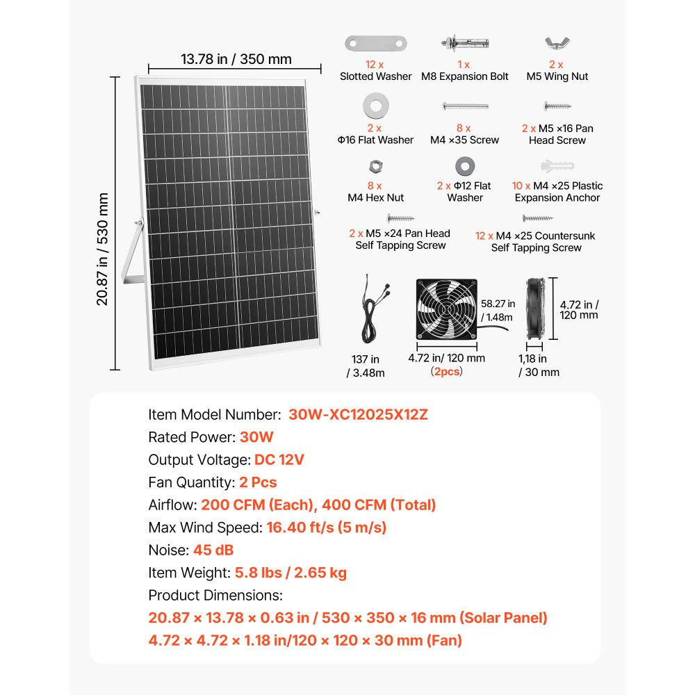 VEVOR Solar Powered Fan, 30W Solar Panel with 2 Fans, Adjustable Solar Panel Angle, 2668 RPM High-Speed, Flexible Installation, Fast Air Exchange for Greenhouse, Grow Tents, Chicken Coops, Shelters