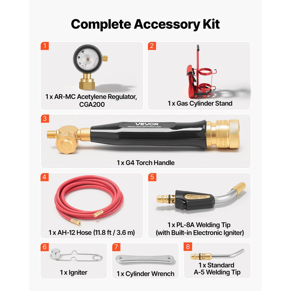 VEVOR Air Acetylene Torch Kit, Acetylene Gas Welding Tool with 11.8FT Rubber Hose, Self-Lighting Welding Tip & CGA200 Regulator, Swirl Frame Brazing Torch Kit with Cylinder Stand for Metalworking