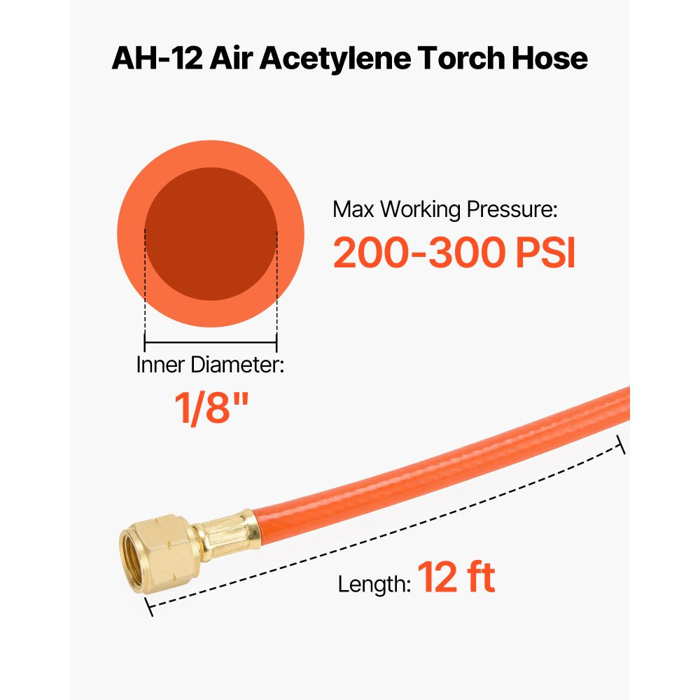 VEVOR Air Acetylene Torch Hose, 1/8-Inch x 12FT Acetylene Welding Hose with 9/16" LH B-Type Fittings, AH-12 R Grade Welding Torch Hoses Compatible with AR-B/AR-MC Regulators