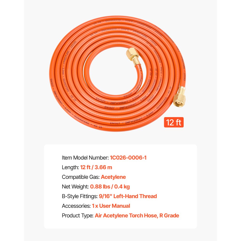 VEVOR Air Acetylene Torch Hose, 1/8-Inch x 12FT Acetylene Welding Hose with 9/16" LH B-Type Fittings, AH-12 R Grade Welding Torch Hoses Compatible with AR-B/AR-MC Regulators