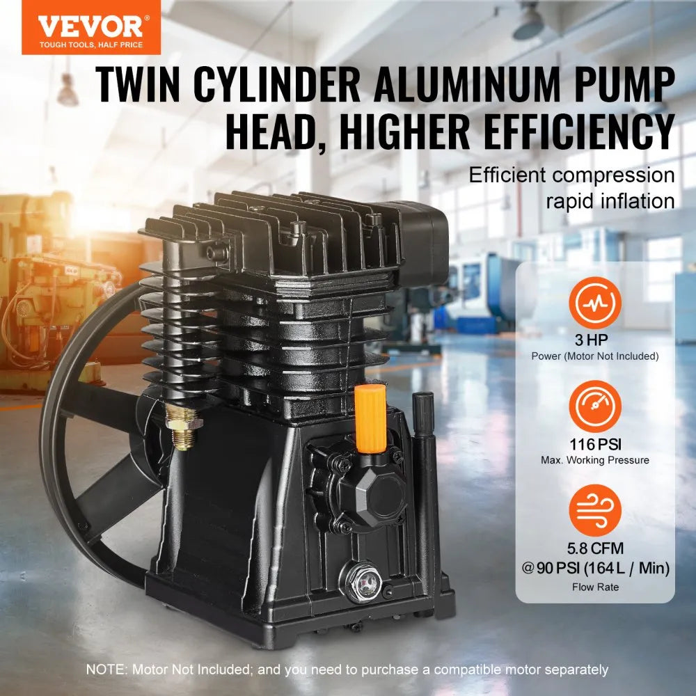 VEVOR Air Compressor Pump Head, 3HP 5.8CFM @ 90PSI, Twin Cylinder Oil Lubricated Air Compressor Piston Pump Head, Single-Stage Aluminum Air Compressor Pump Replacement with Max. 116PSI Pressure