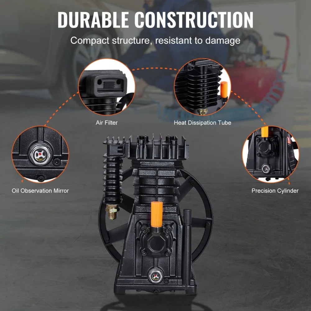 VEVOR Air Compressor Pump Head, 3HP 5.8CFM @ 90PSI, Twin Cylinder Oil Lubricated Air Compressor Piston Pump Head, Single-Stage Aluminum Air Compressor Pump Replacement with Max. 116PSI Pressure
