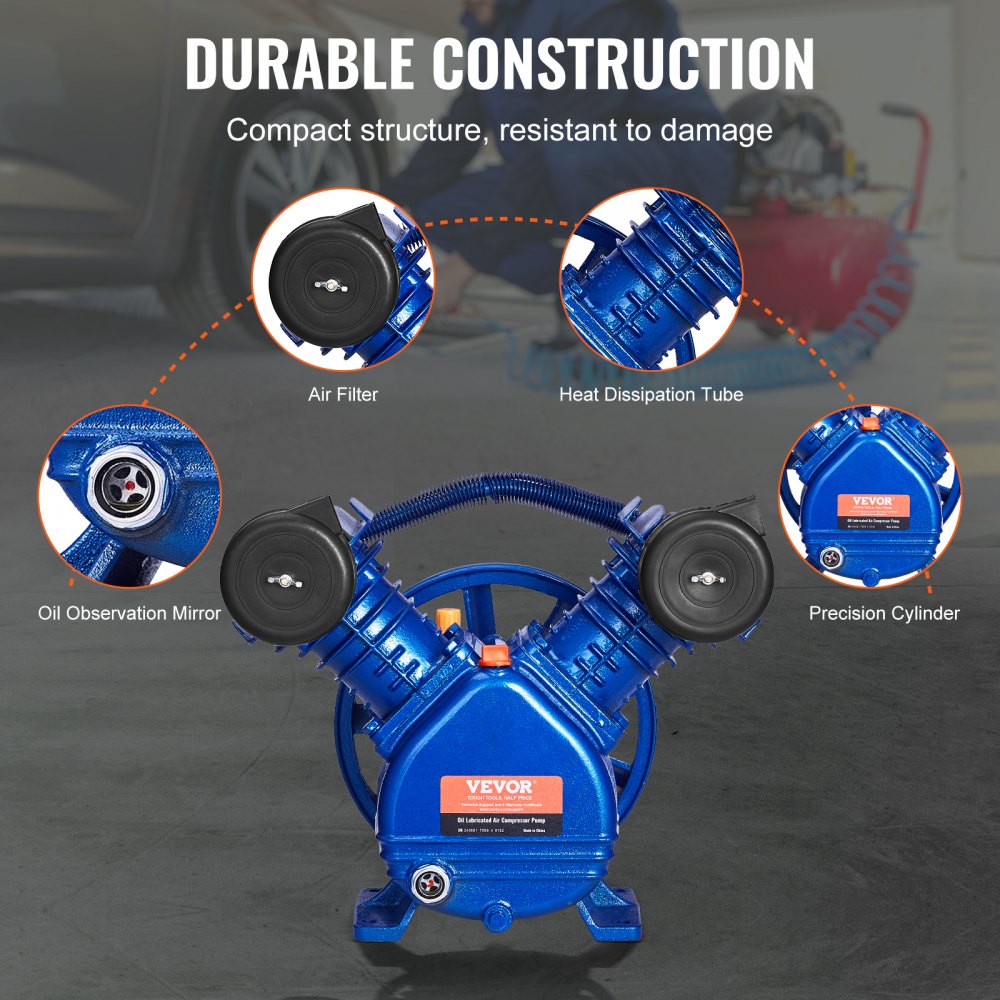 VEVOR Air Compressor Pump Head, 3HP 6.25CFM @ 90PSI, Twin Cylinder Oil Lubricated Air Compressor Piston Pump Head, Single Stage V-Type Cast Iron Air Compressor Pump Replacement with Max. 116PSI Pressure