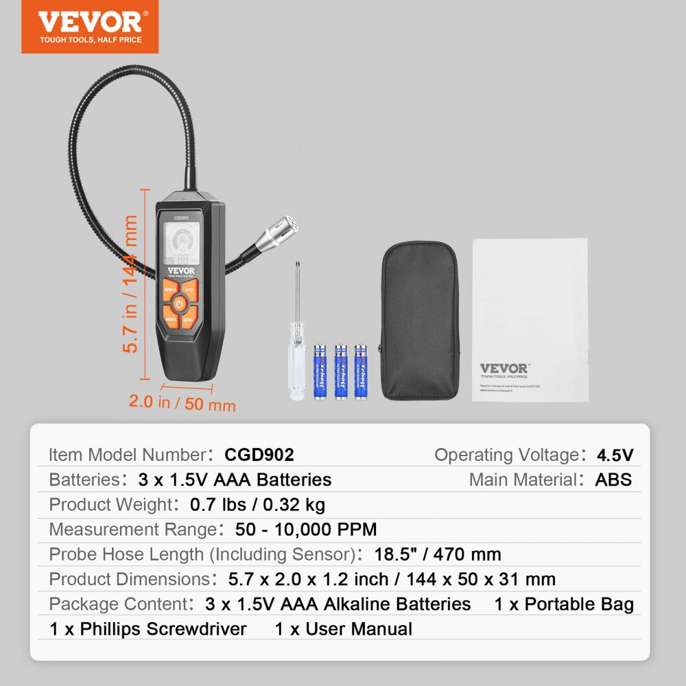VEVOR Natural Gas Detector, 50-10,000 PPM Gas Leak Detector with 18.5-inch Gooseneck, Combustible Gas Detector Sniffer with Audible & Visual Alarm Locates Propane, Methane, Butane for Home, RV, HVAC