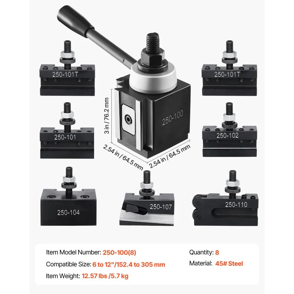 VEVOR Quick Change Tool Post Set, 8 Pcs, Includes Lathe Tool Holders, Wedge Type Tool Post with Turning Tool Holder Accessories, Fit for Mini Lathe & Metal Lathe 6"-12" Swing, Durable Steel Material