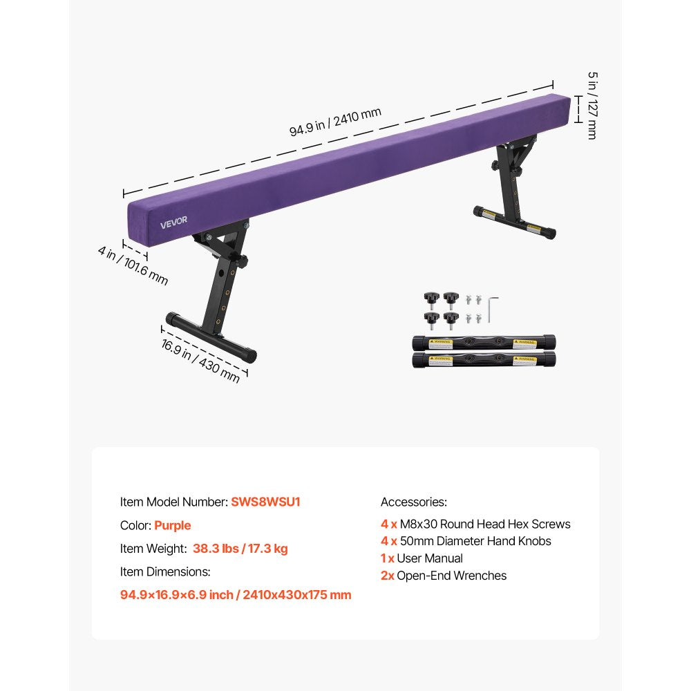VEVOR Adjustable Balane Beam for Kids, 8FT Gymnastics Beam, High and Low Floor Beams of 5 Adjustable Heights for All Gymnastic Levels, Professional Gymnastic Equipment for Home and Gym Center, Purple