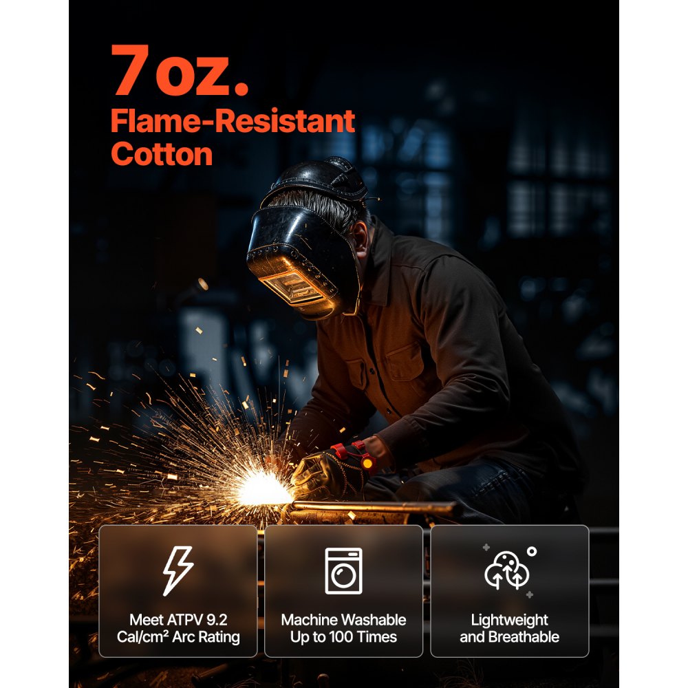 VEVOR Flame Resistant Welding Jacket, 7oz. FR Shirts for Men, Machine Washable Cotton Heat-Resistant Welding Shirt, Meets ATPV 9.2 Cal/cm² Arc Rating - M Size