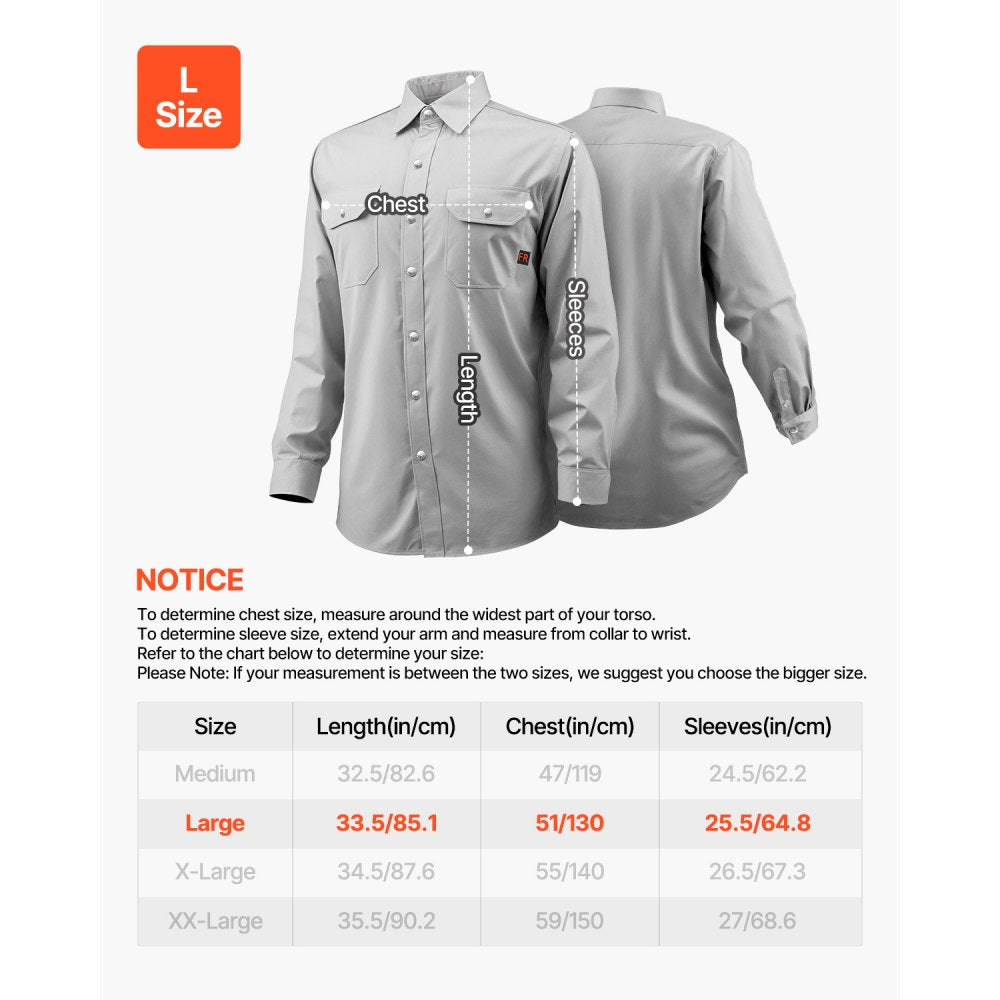 VEVOR FR Shirts for Men, 7oz. Flame Resistant Welding Jacket, Machine Washable Cotton Heat-Resistant Welding Shirt, Meets ATPV 9.2 Cal/cm² Arc Rating - L Size