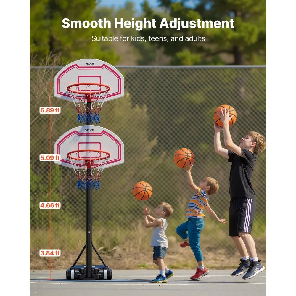 VEVOR Portable Basketball Stand, 5.2 to 6.9 ft Height Adjustment Basketball Hoop & Goal, Kids Adjustable Basketballs Hoop with Nylon Net & Rolling Wheels, Portable Backboard Set for Patios, Poolside