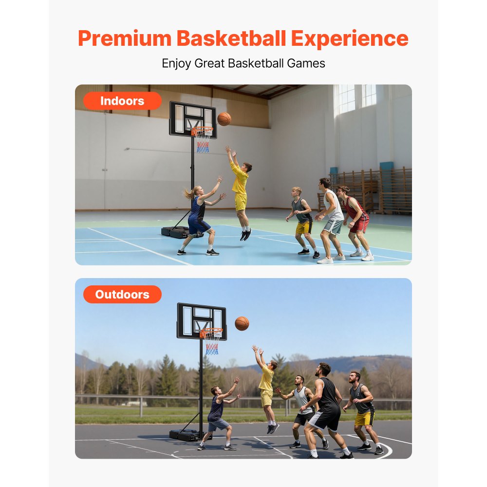VEVOR Portable Basketball Stand, 4.4 ft to 10 ft Height Adjustment Basketball Hoop & Goal, Adjustable Basketballs Goal System with Built-in Rolling Wheels for Kids, Teens, Adults in Driveways, Pools