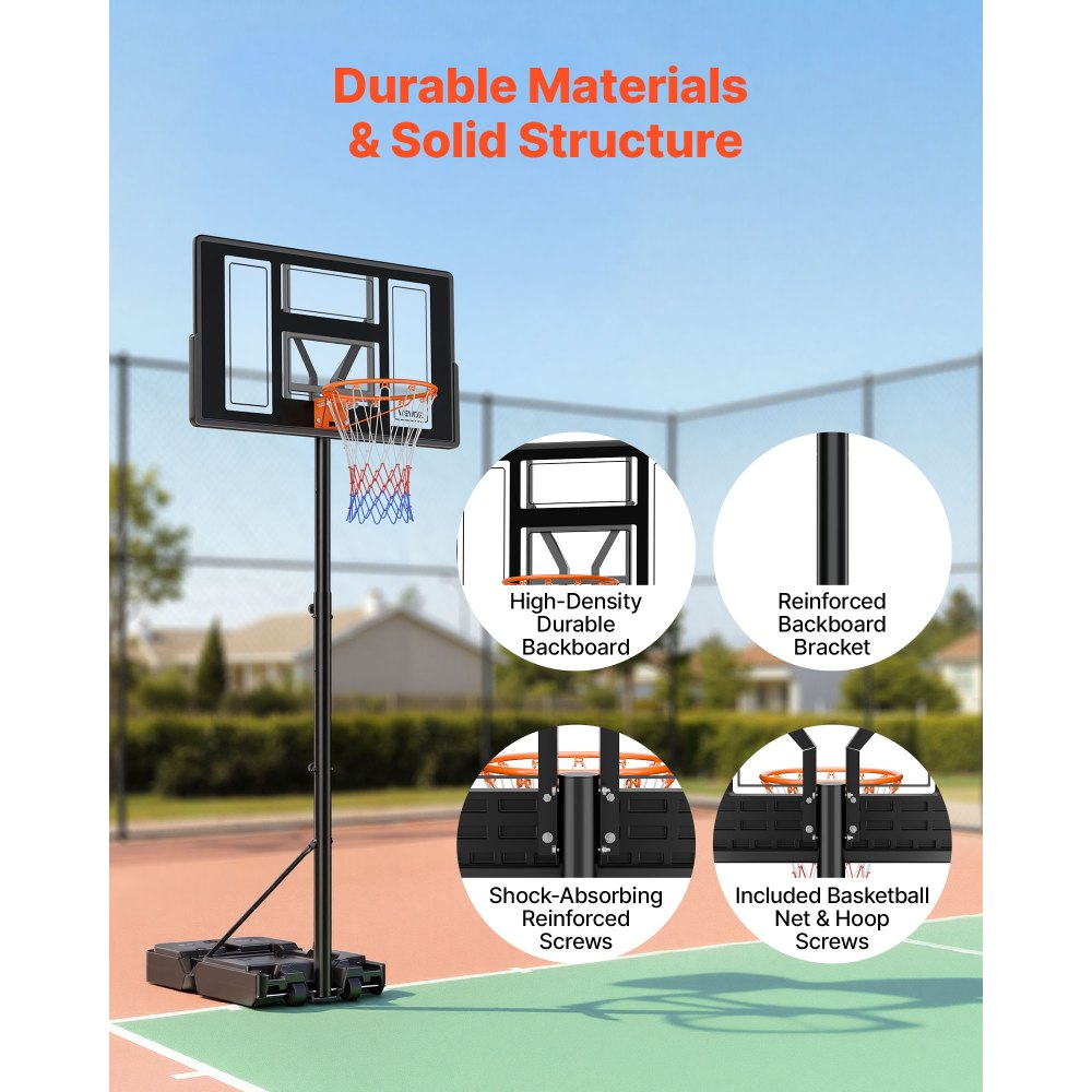 VEVOR Portable Basketball Stand, 4.4 ft to 10 ft Height Adjustment Basketball Hoop & Goal, Adjustable Basketballs Goal System with Built-in Rolling Wheels for Kids, Teens, Adults in Driveways, Pools